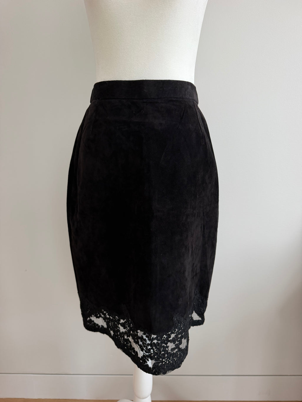 Vintage Black Suede & Lace Pencil Skirt