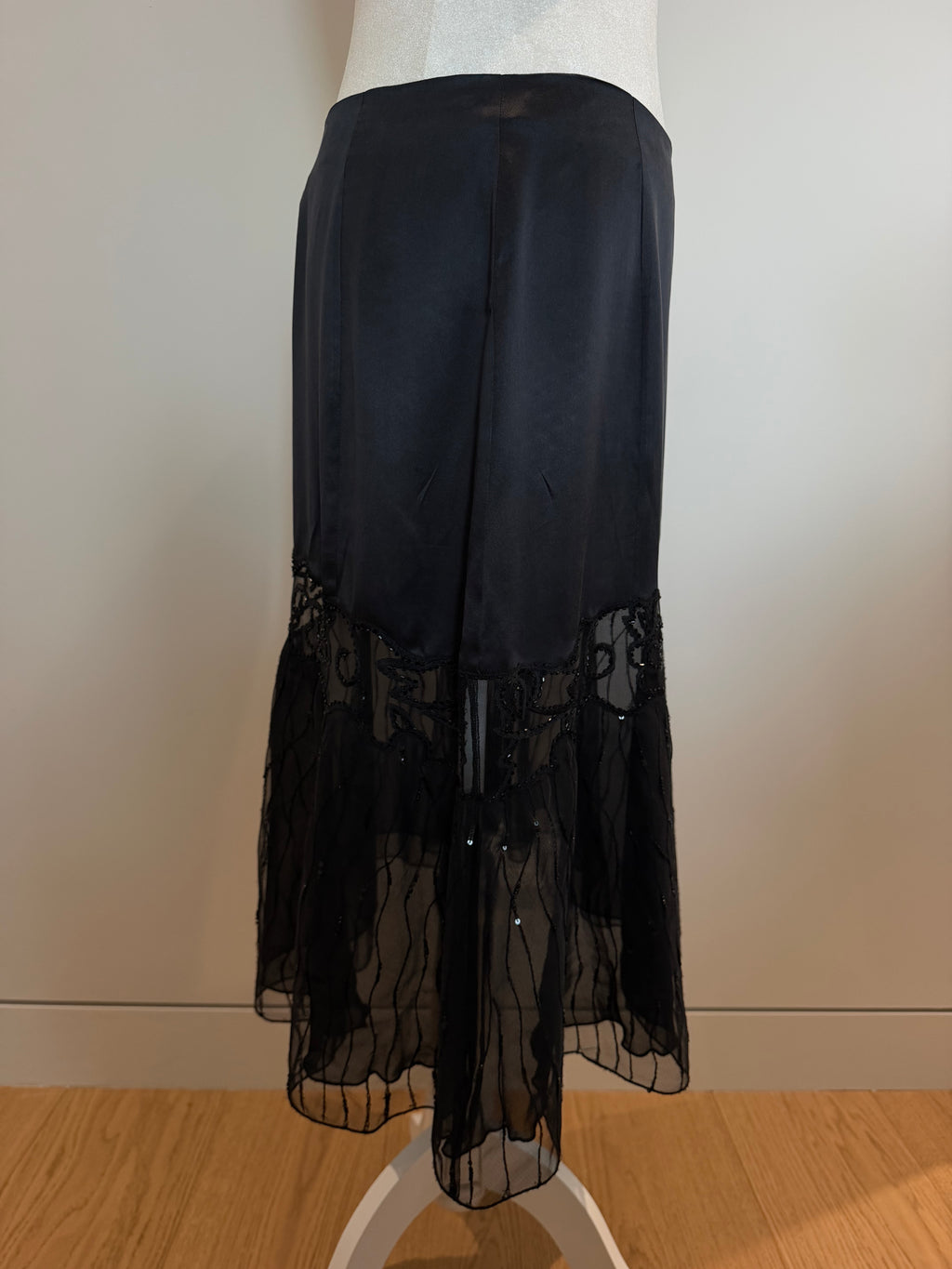 La Perla Black Silk Beaded Sheer Mesh Evening Skirt
