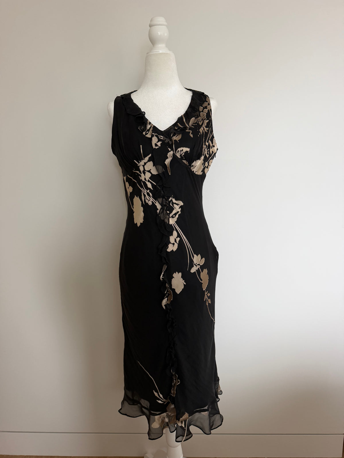 Sue Wong 100% Silk Black Floral Ruffle Midi Dress Side Zip Y2K