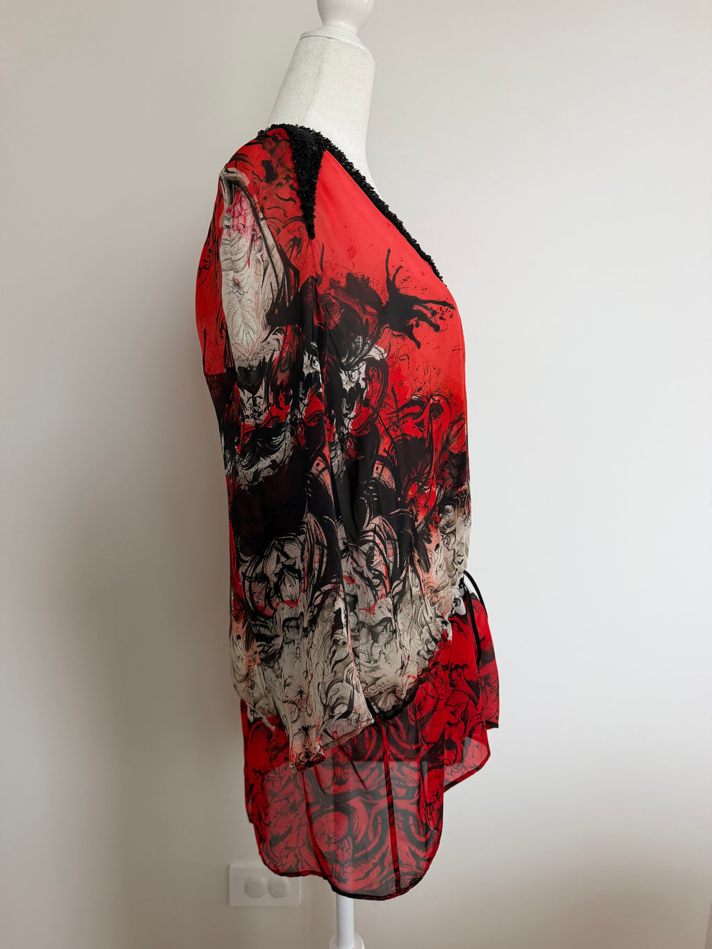 Roberto Cavalli Vintage Y2K Red Black Silk Beaded Tunic Top