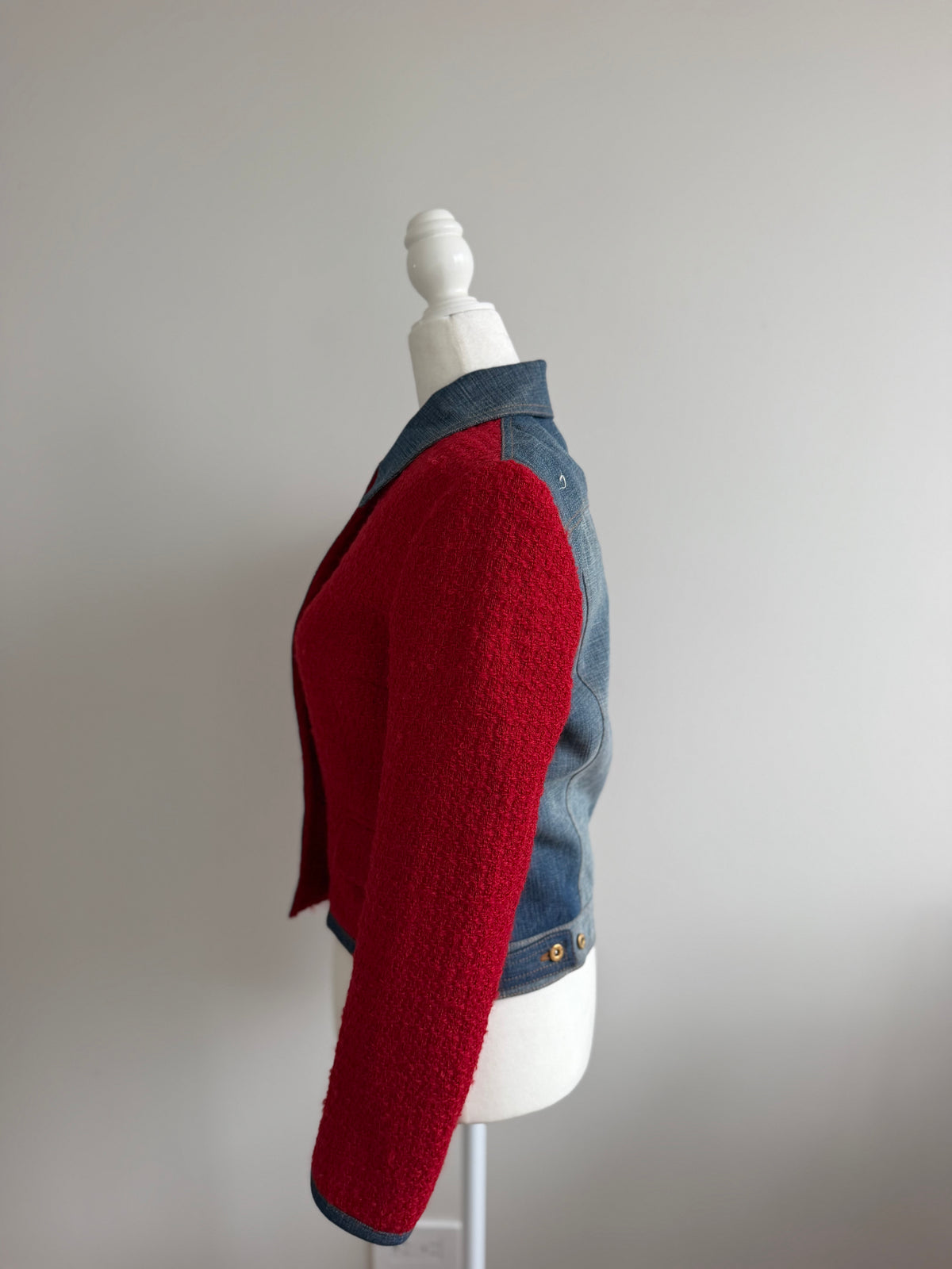 D&G Dolce & Gabbana Red Wool Bouclé & Denim Jacket with Leopard Lining