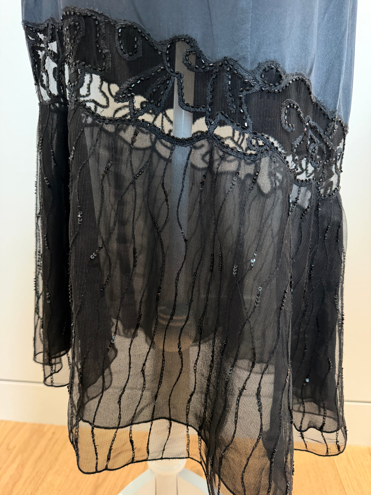 La Perla Black Silk Beaded Sheer Mesh Evening Skirt