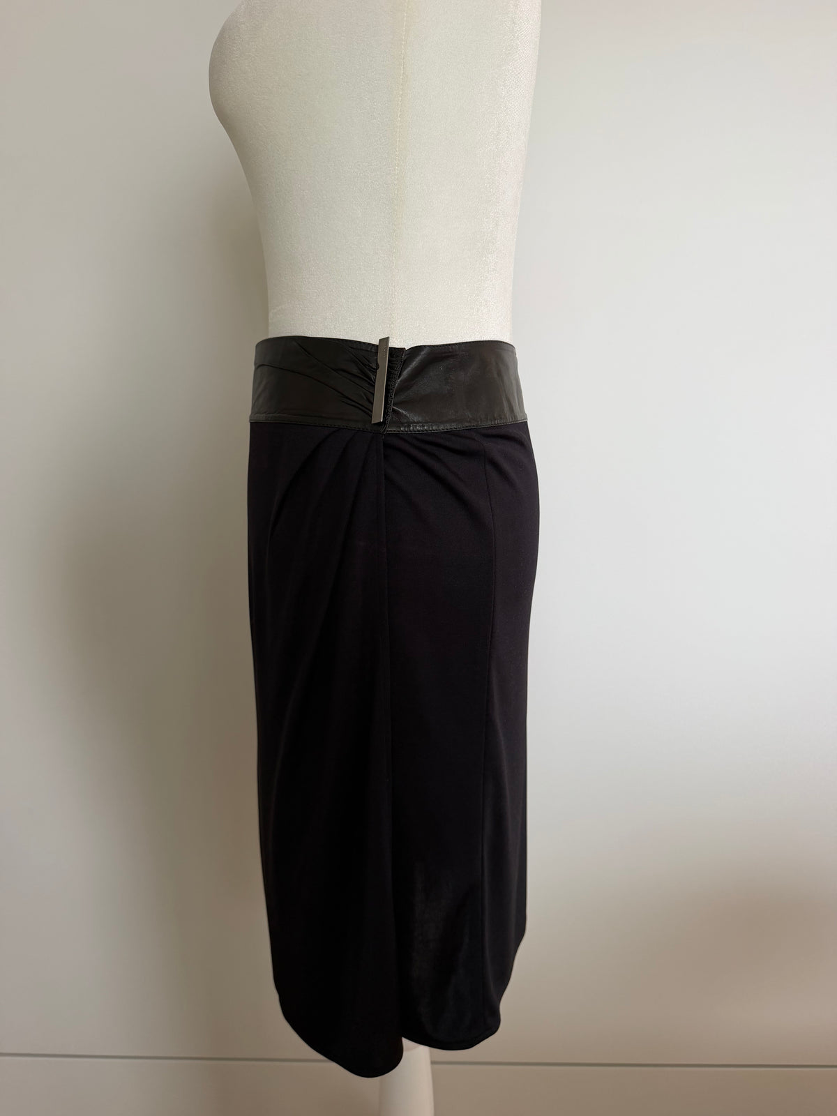 Vintage Gucci Tom Ford Era Black Draped Jersey & Leather Asymmetric Skirt