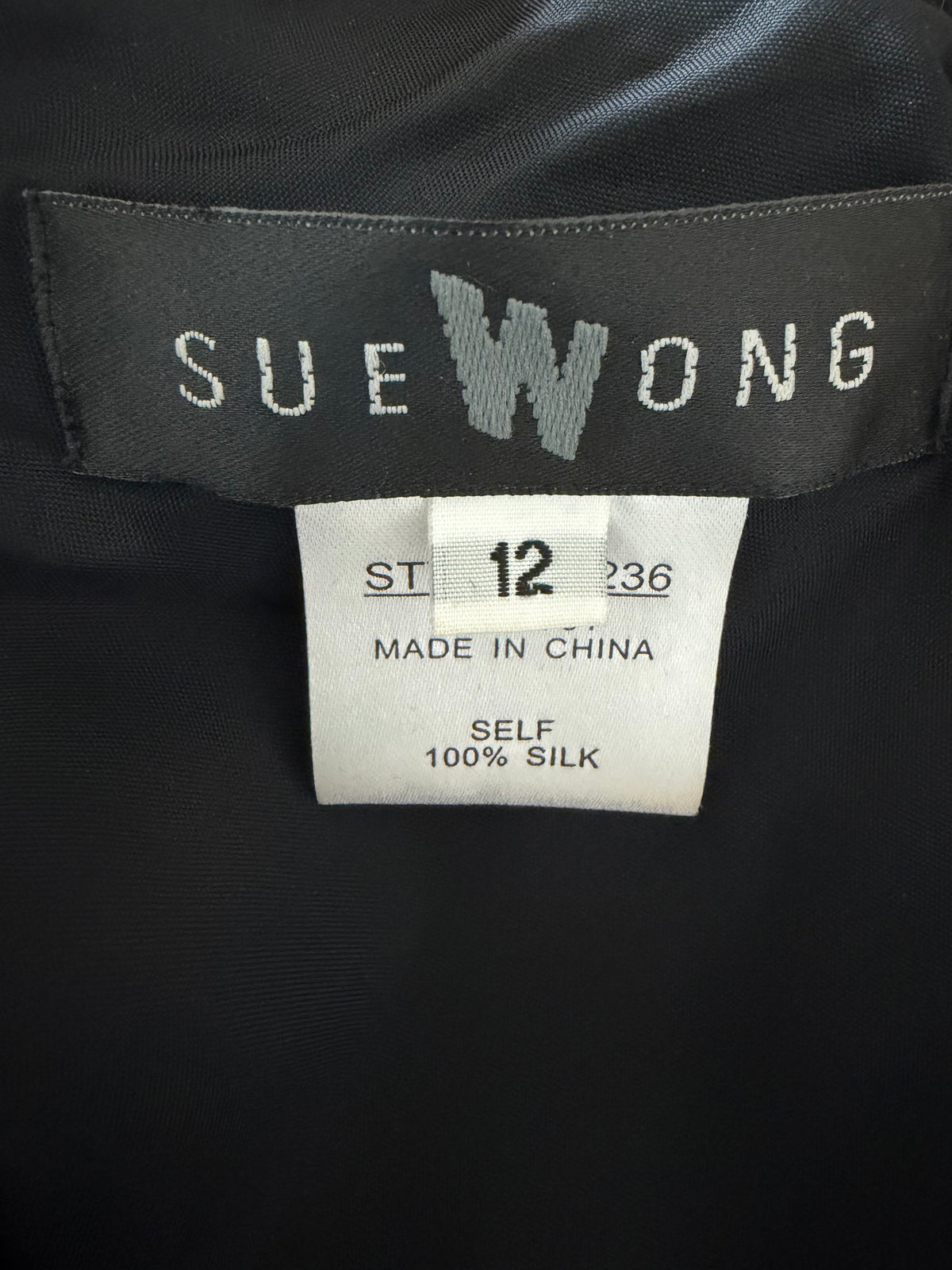 Sue Wong 100% Silk Black Floral Ruffle Midi Dress Side Zip Y2K