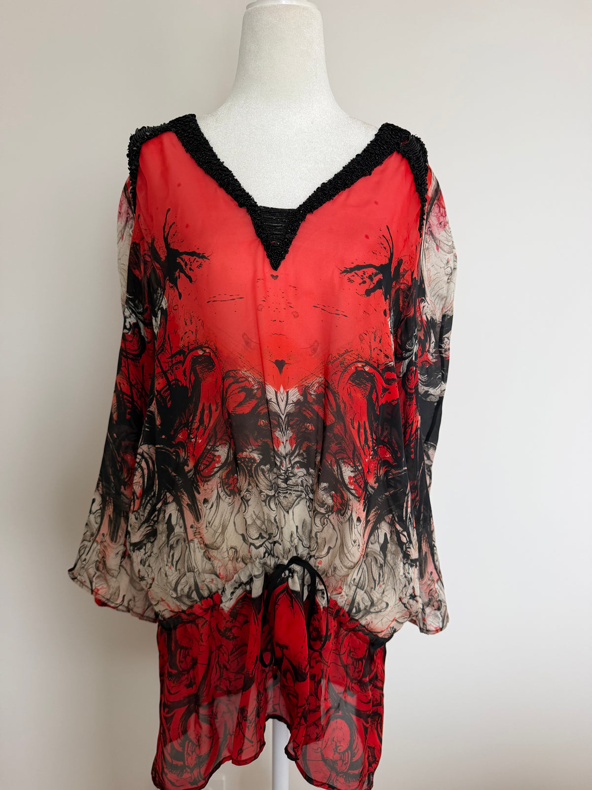 Roberto Cavalli Vintage Y2K Red Black Silk Beaded Tunic Top