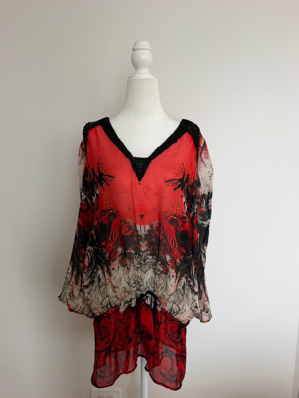 Roberto Cavalli Vintage Y2K Red Black Silk Beaded Tunic Top