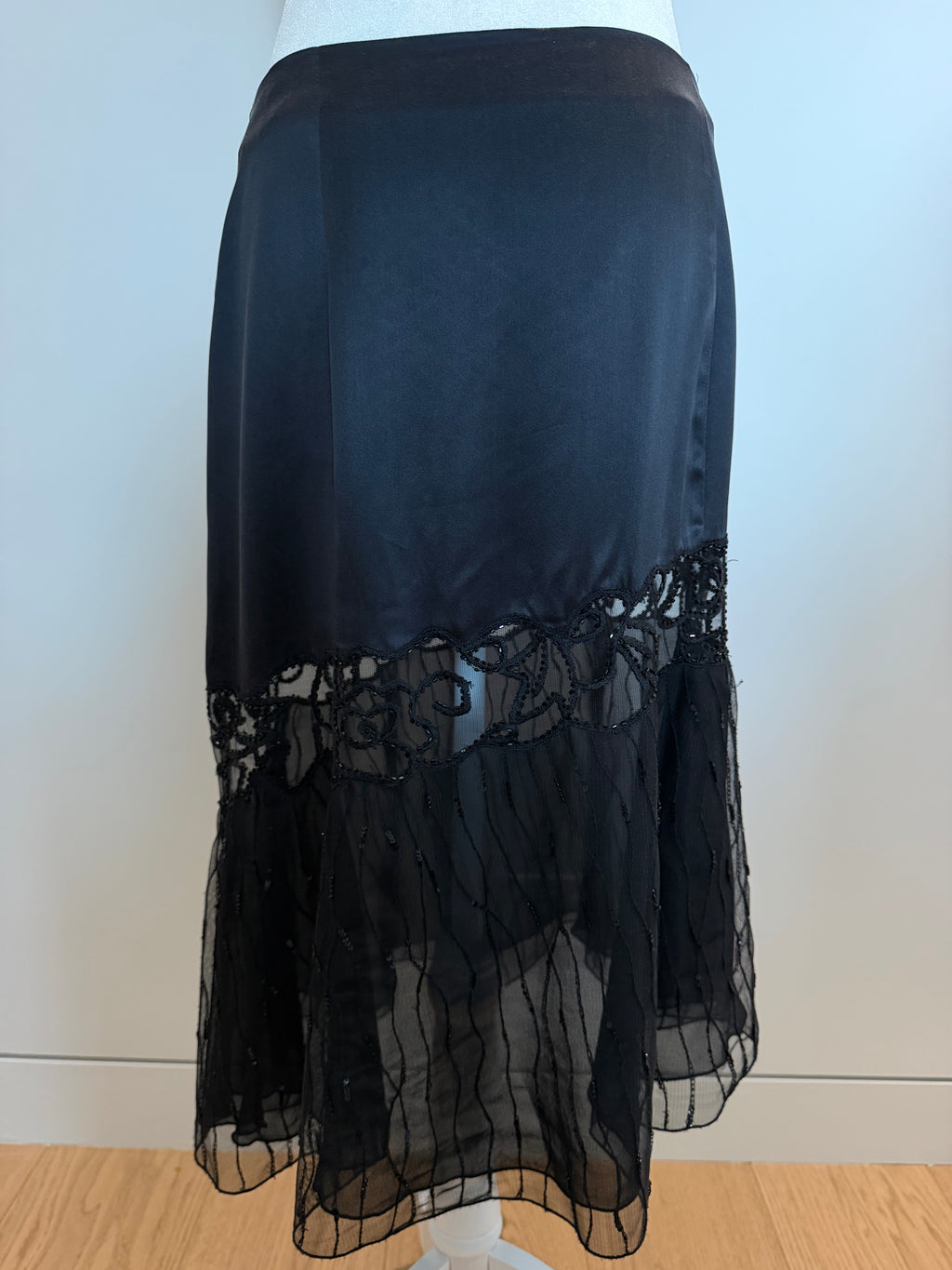 La Perla Black Silk Beaded Sheer Mesh Evening Skirt