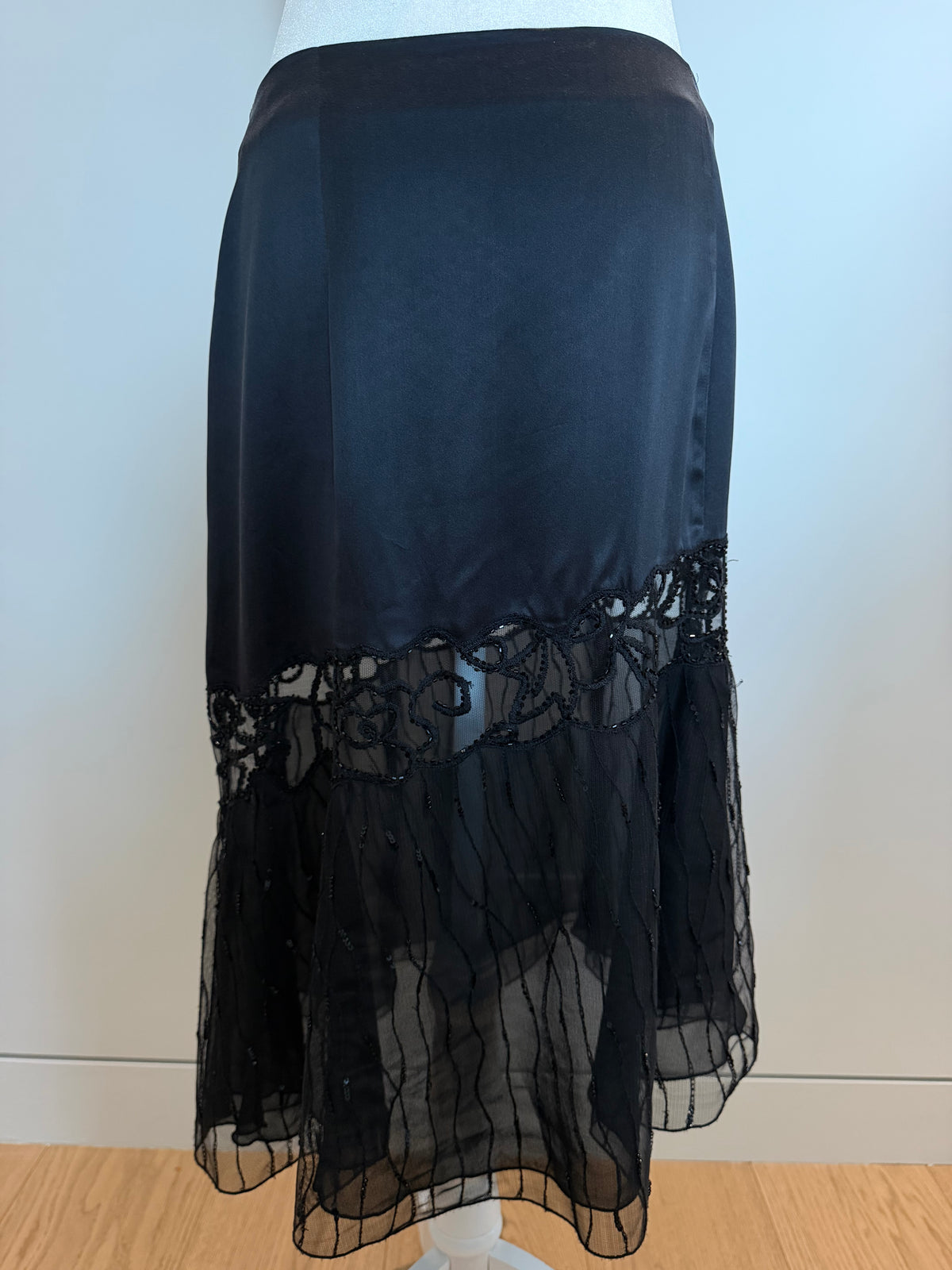 La Perla Black Silk Beaded Sheer Mesh Evening Skirt