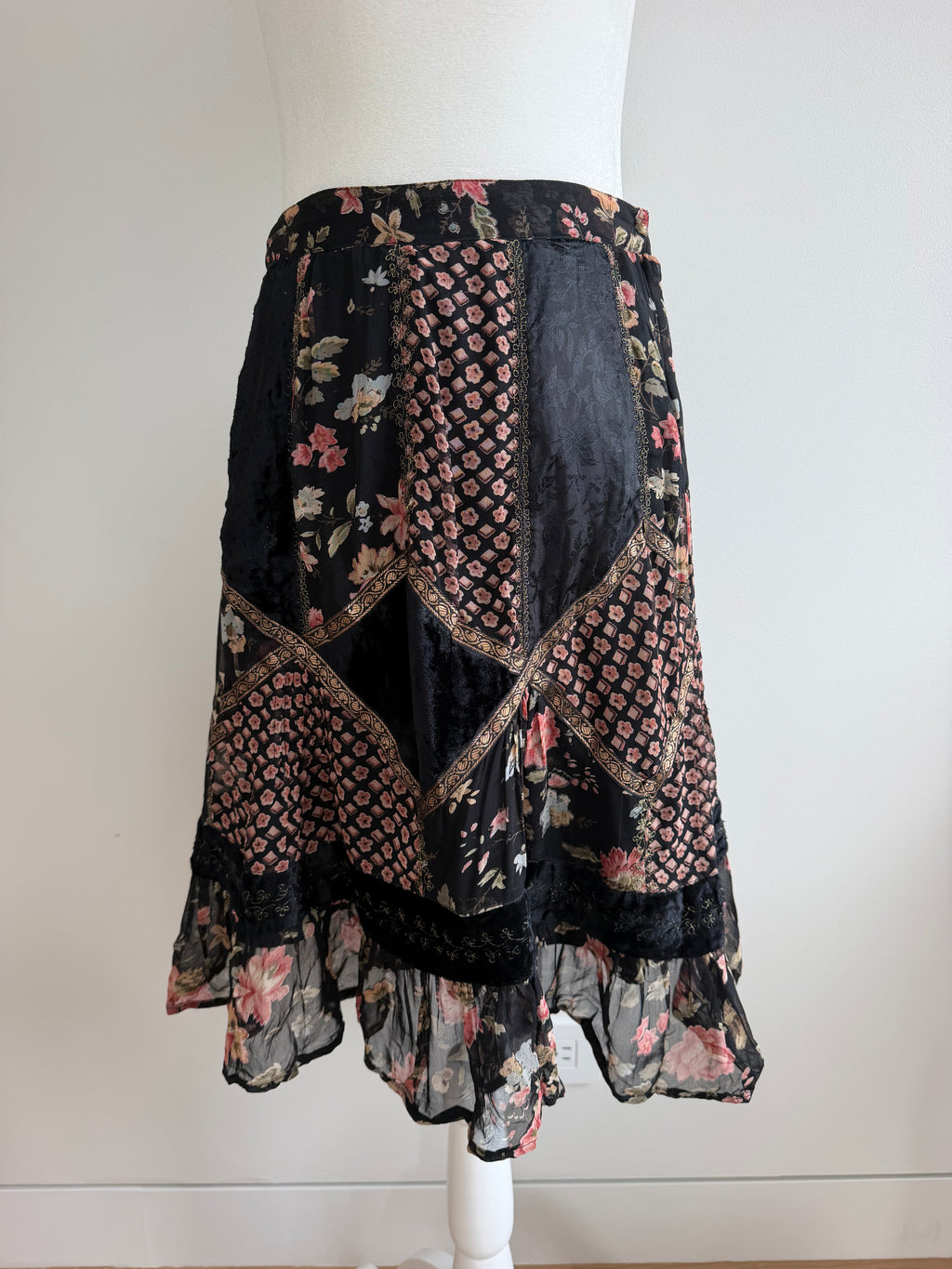 René Derhy Vintage Patchwork Floral Velvet Midi Skirt