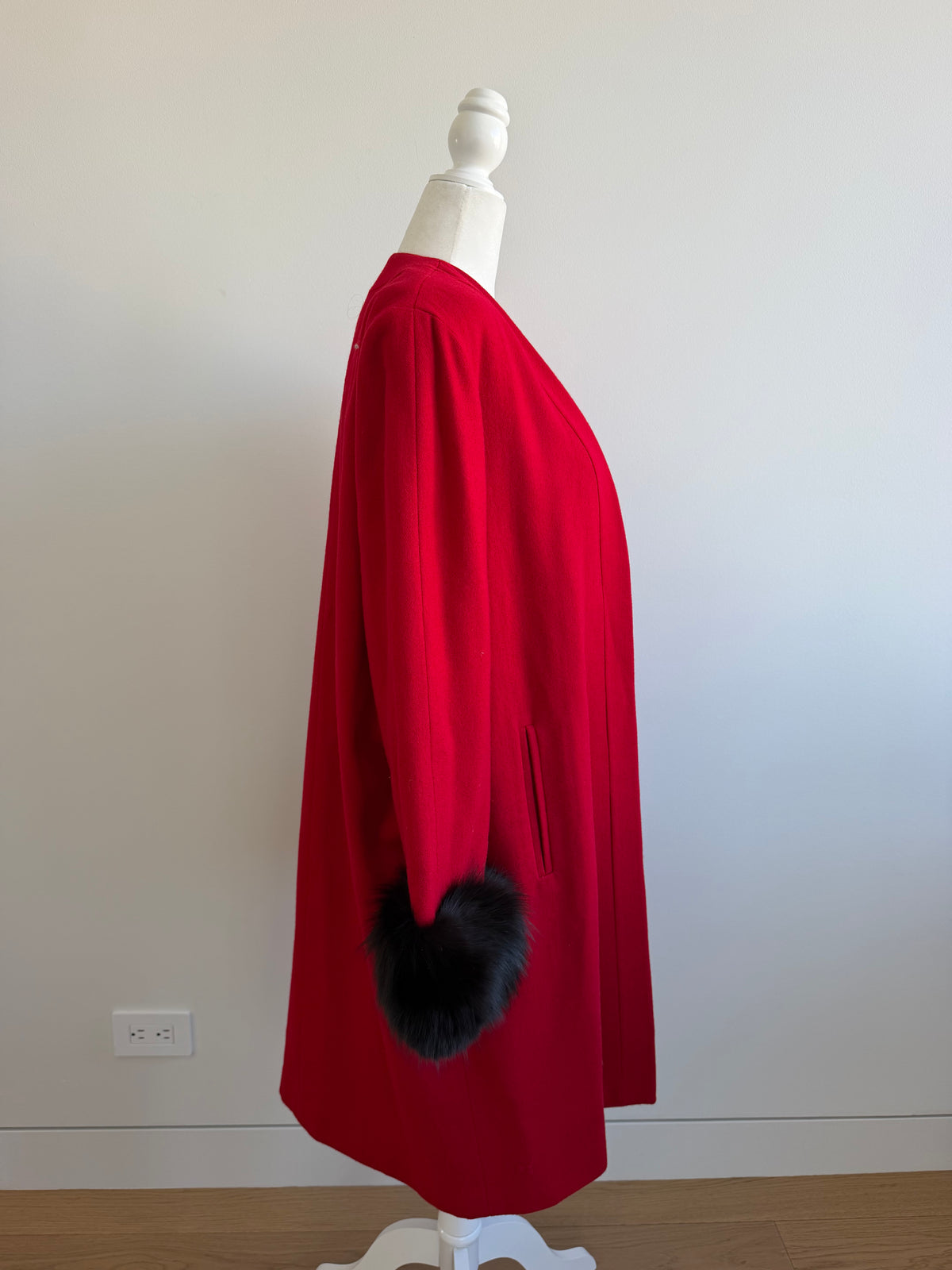 Vintage Oleg Cassini Red Wool Coat with Black Fur Cuffs