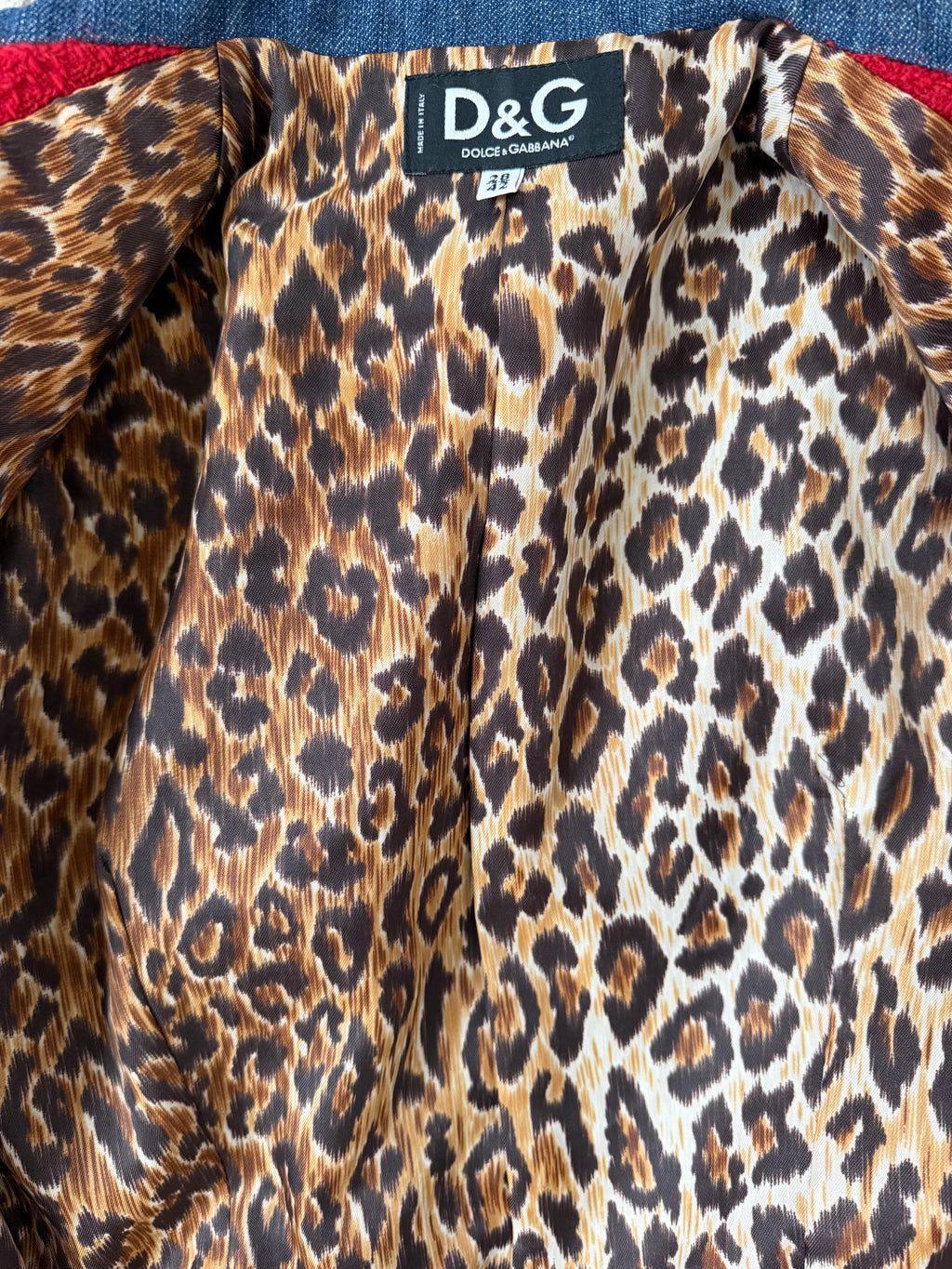 D&G Dolce & Gabbana Red Wool Bouclé & Denim Jacket with Leopard Lining