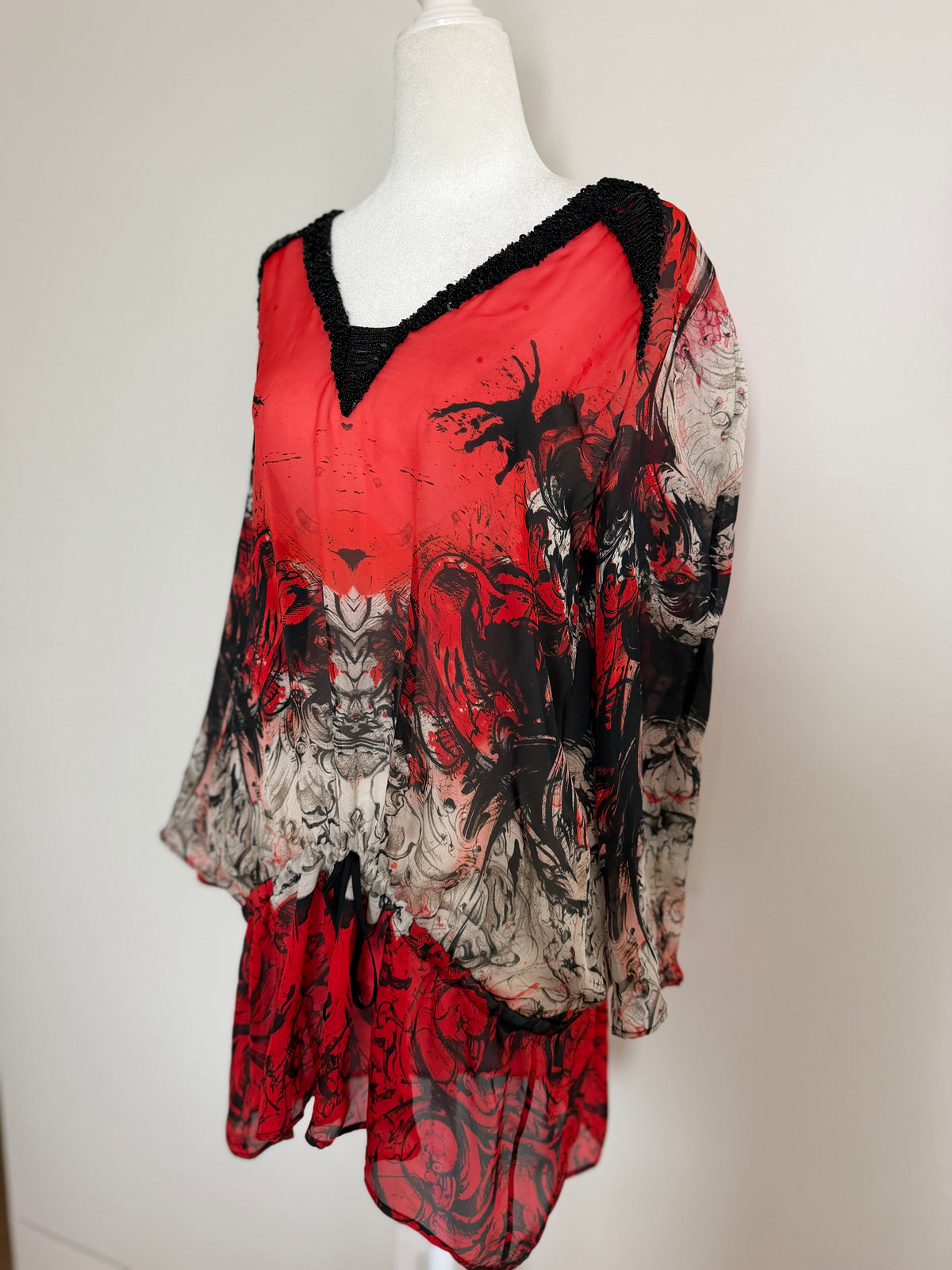 Roberto Cavalli Vintage Y2K Red Black Silk Beaded Tunic Top