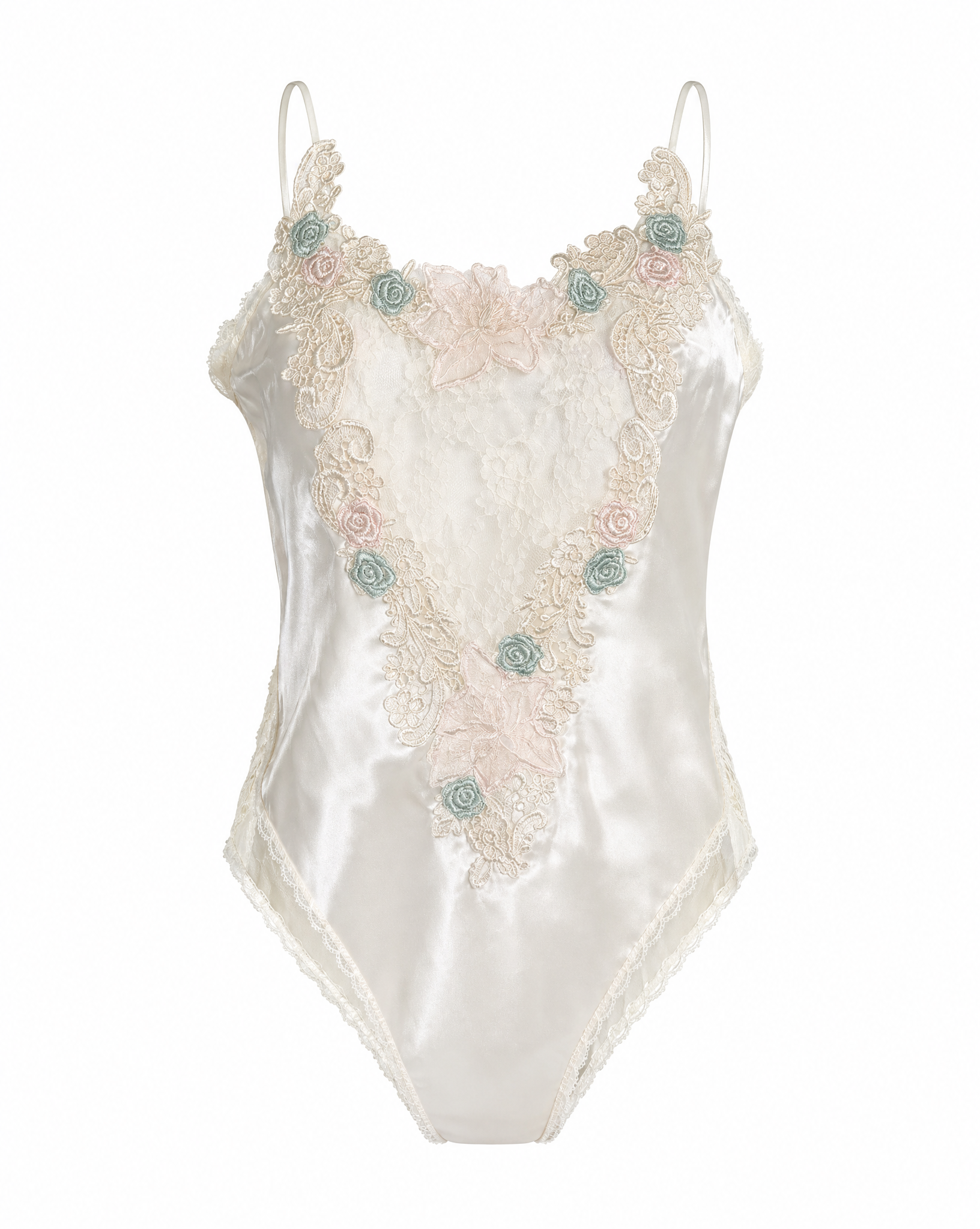 Vintage Victoria’s Secret Ivory Lace & Satin Teddy with Floral Appliqué