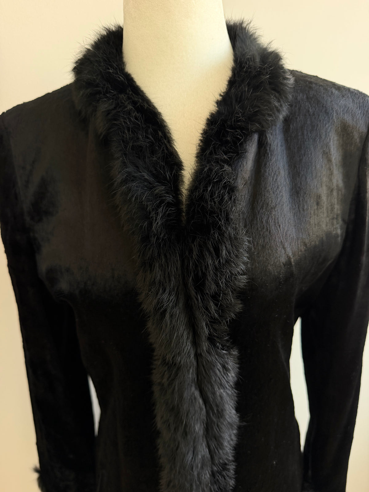 1990s Black Crushed Velvet Fur-Trimmed Long Coat