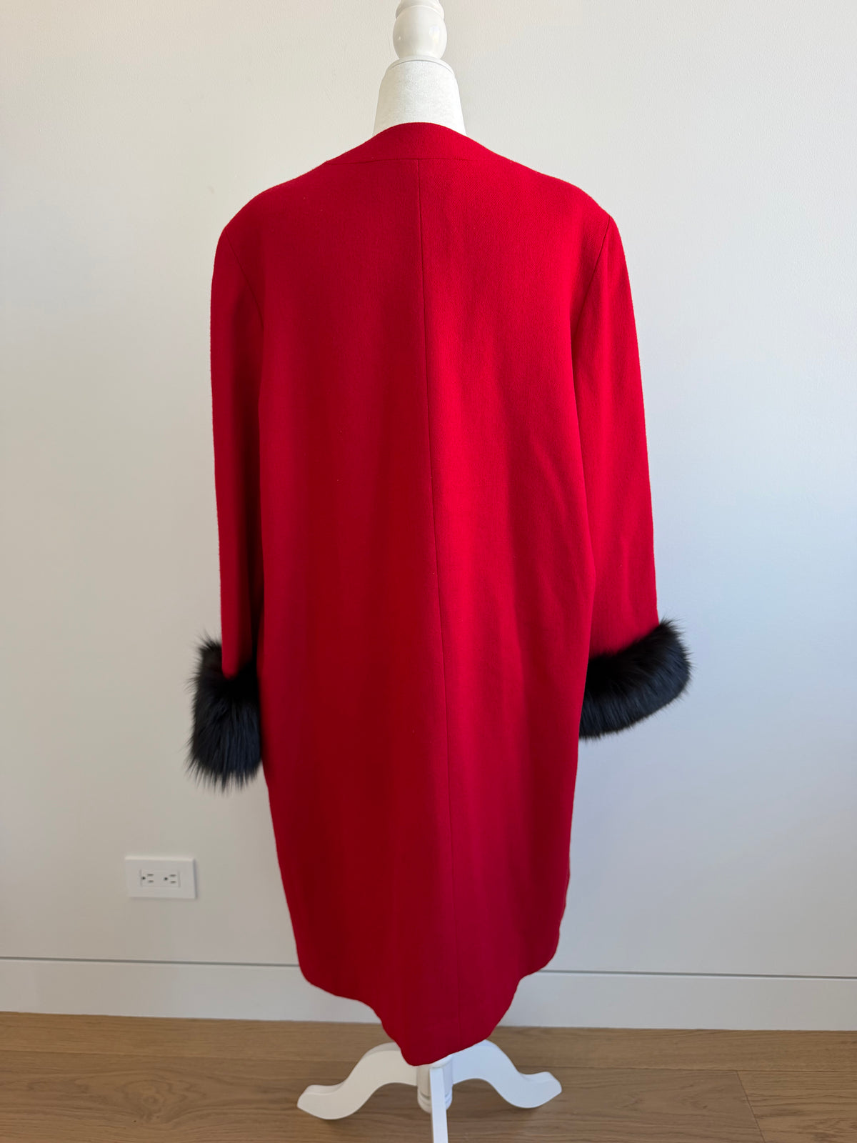 Vintage Oleg Cassini Red Wool Coat with Black Fur Cuffs