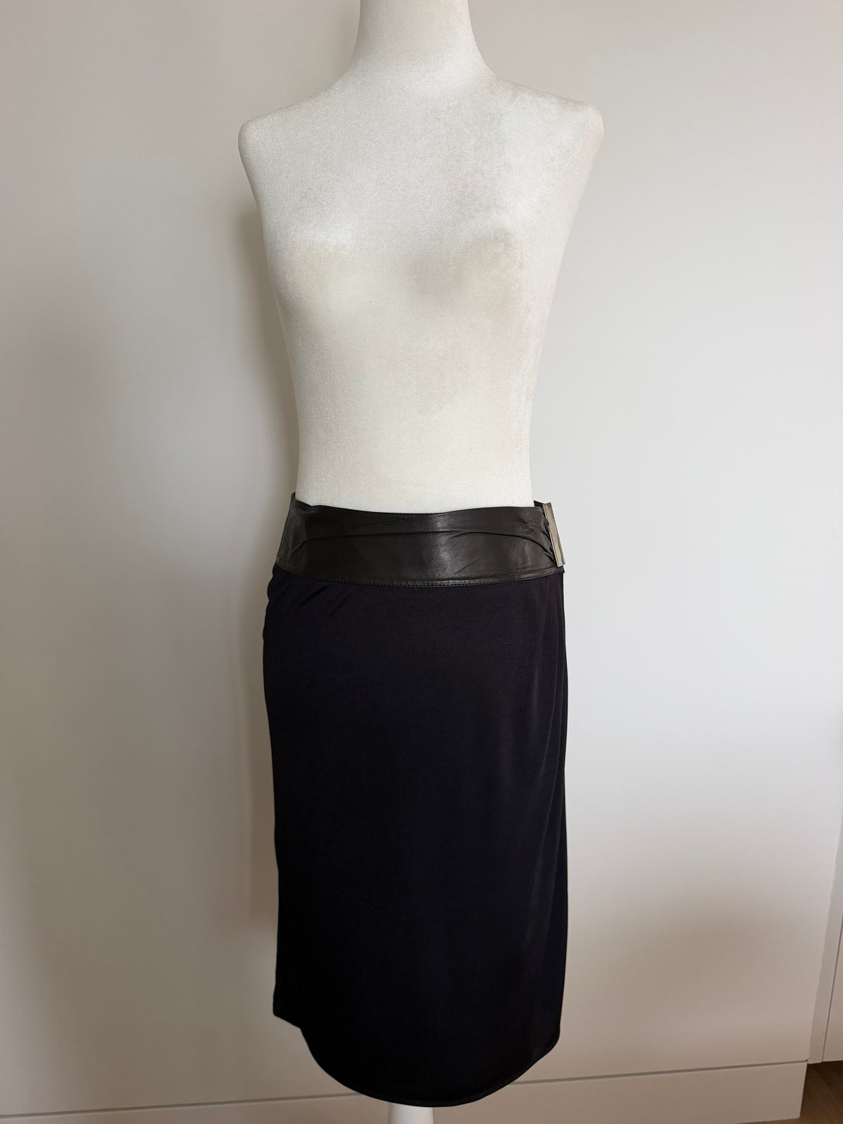 Vintage Gucci Tom Ford Era Black Draped Jersey & Leather Asymmetric Skirt