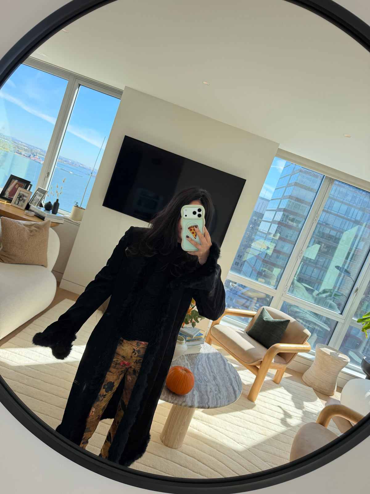 1990s Black Crushed Velvet Fur-Trimmed Long Coat