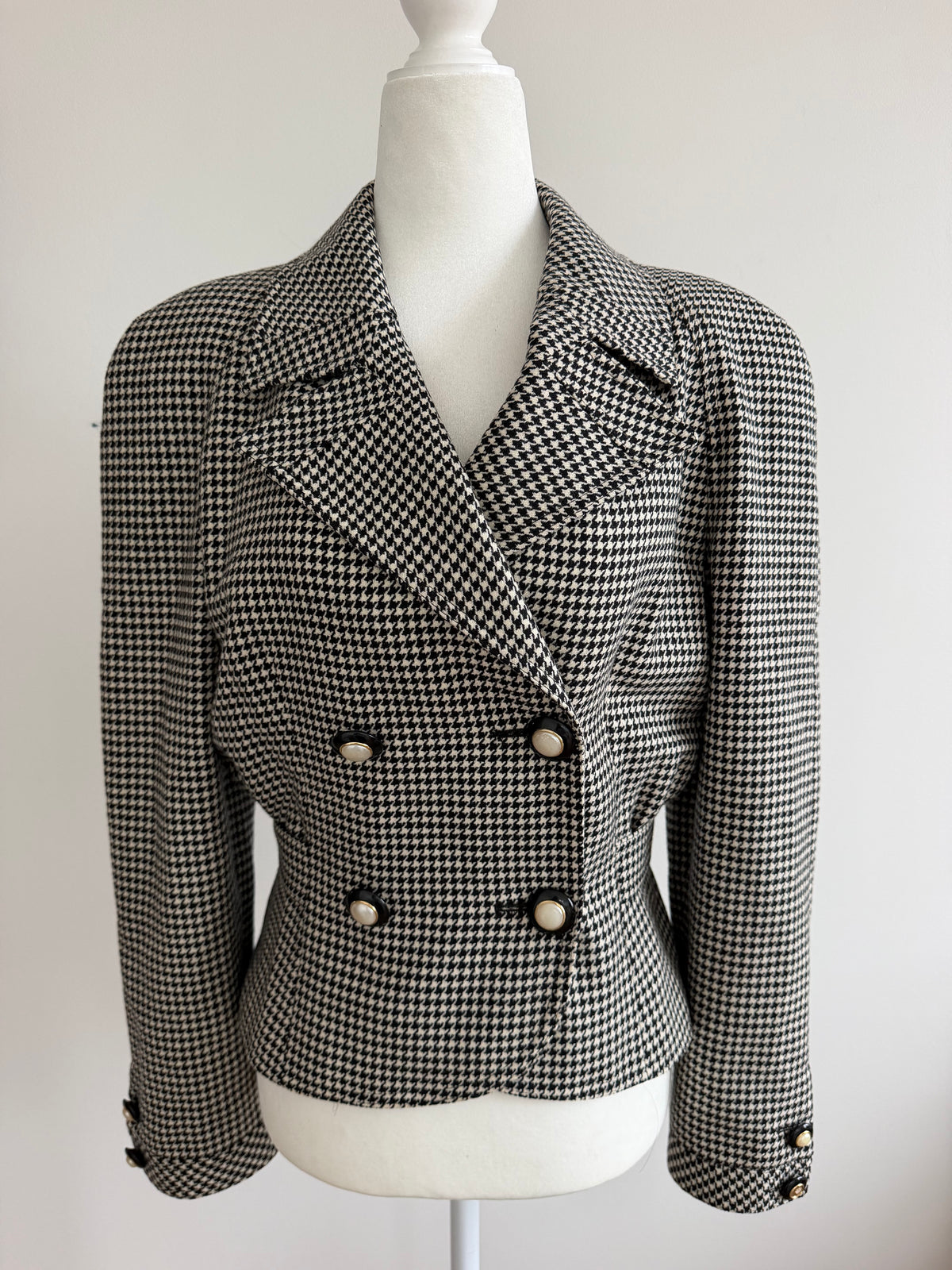 1980s Valentino Miss V Houndstooth Lambswool Double Breasted Blazer