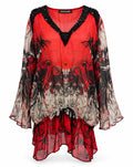 Roberto Cavalli Vintage Y2K Red Black Silk Beaded Tunic Top