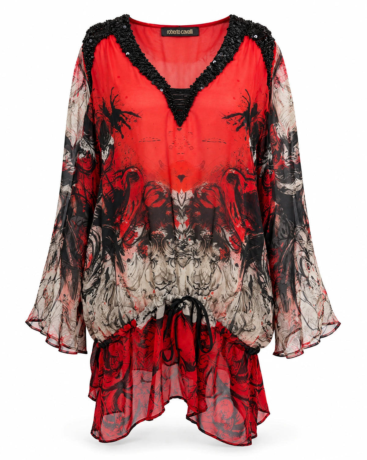 Roberto Cavalli Vintage Y2K Red Black Silk Beaded Tunic Top
