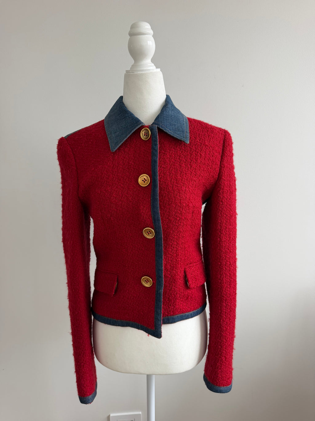 D&G Dolce & Gabbana Red Wool Bouclé & Denim Jacket with Leopard Lining