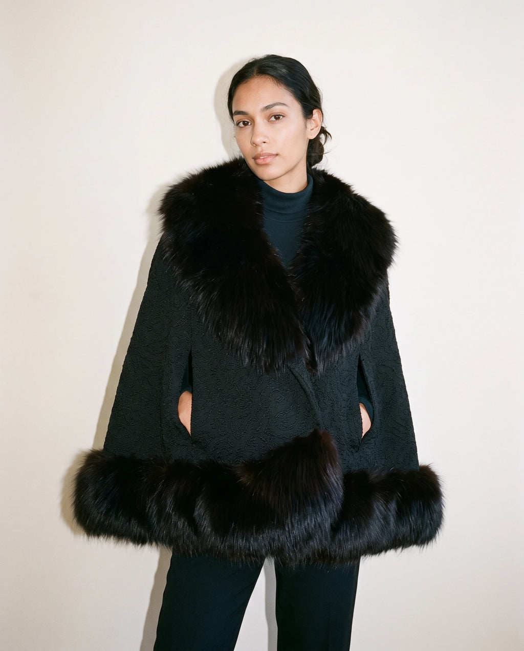 1960s–70s French Poodle Black Fur-Trimmed Cape Jacket