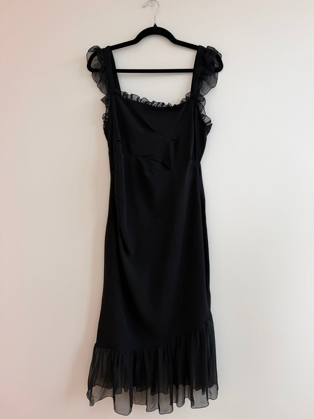 Anna Molinari Black Silk Ruffle Midi Dress
