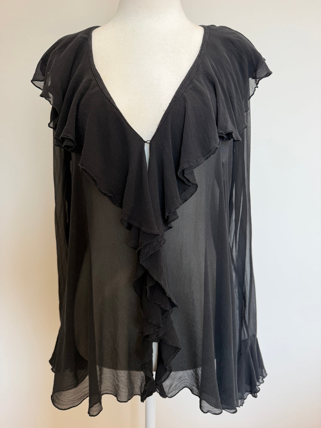 Vintage Y2K DKNY Black Silk Sheer Ruffle Blouse Top