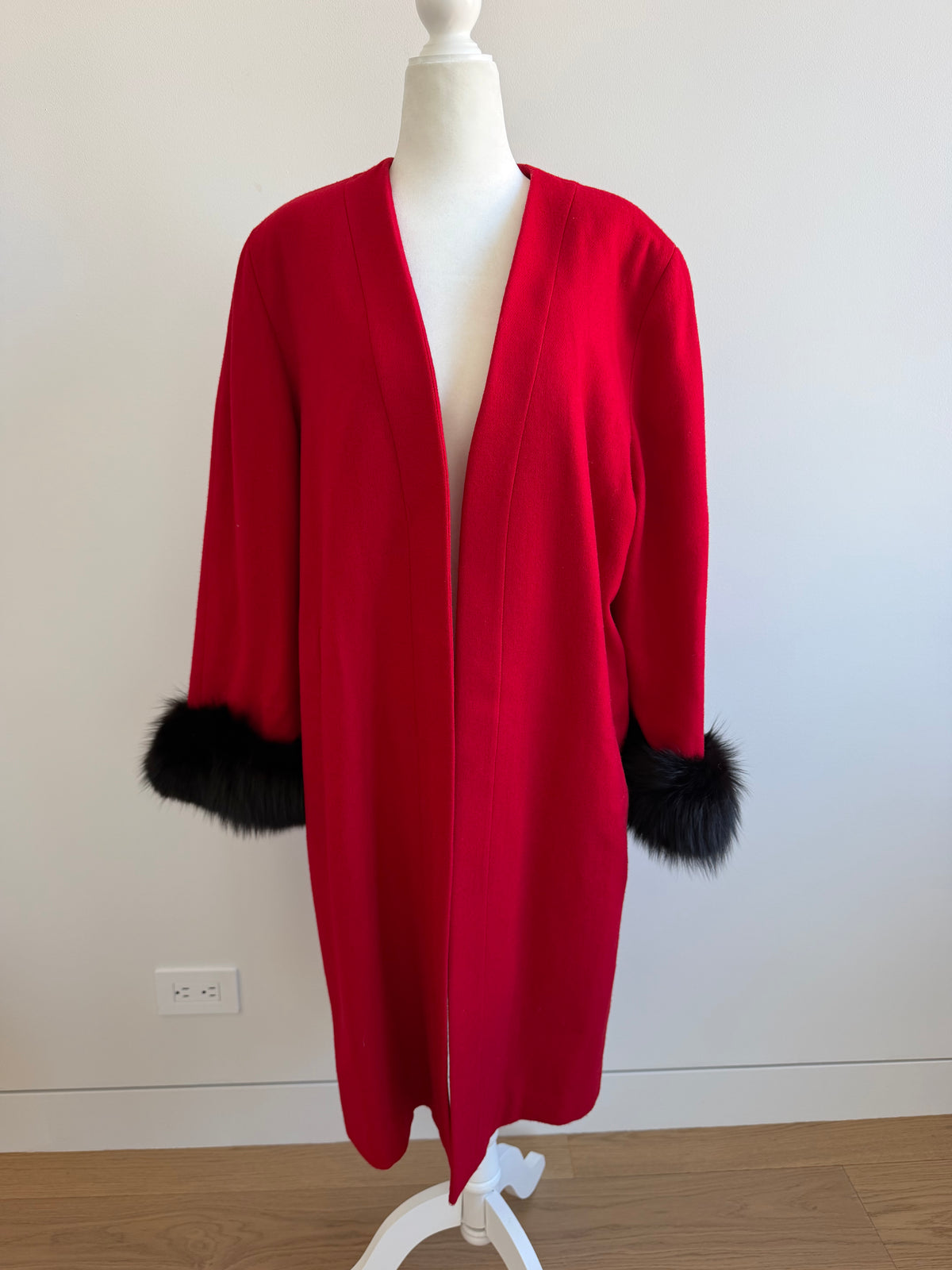 Vintage Oleg Cassini Red Wool Coat with Black Fur Cuffs