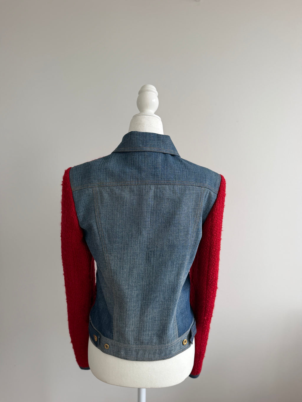 D&G Dolce & Gabbana Red Wool Bouclé & Denim Jacket with Leopard Lining
