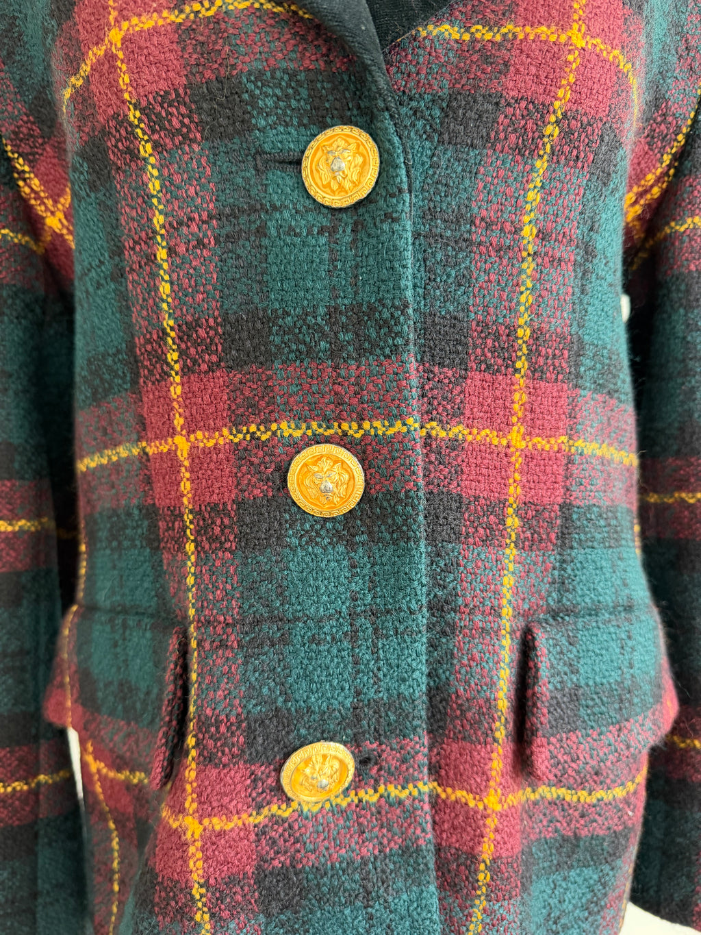 Vintage Albert Nipon Petite Suits Plaid Wool Blazer with Velvet Collar & Gold Crest Buttons
