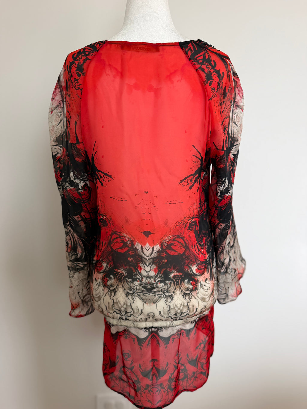 Roberto Cavalli Vintage Y2K Red Black Silk Beaded Tunic Top