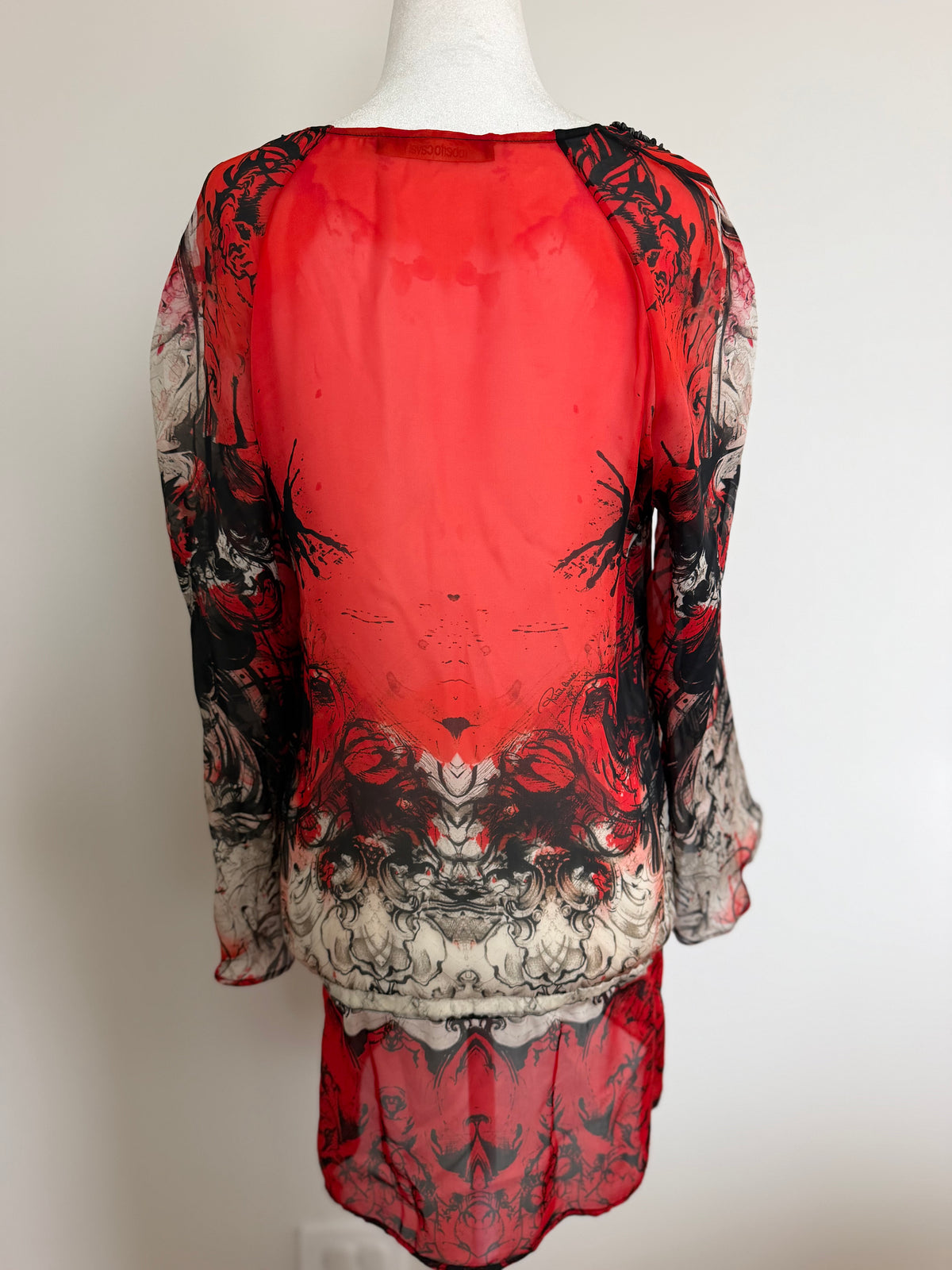 Roberto Cavalli Vintage Y2K Red Black Silk Beaded Tunic Top