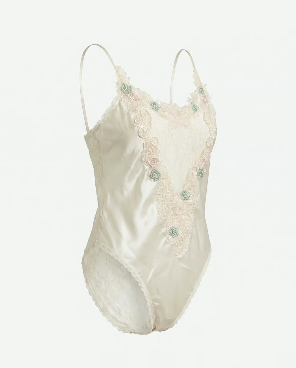 Vintage Victoria’s Secret Ivory Lace & Satin Teddy with Floral Appliqué