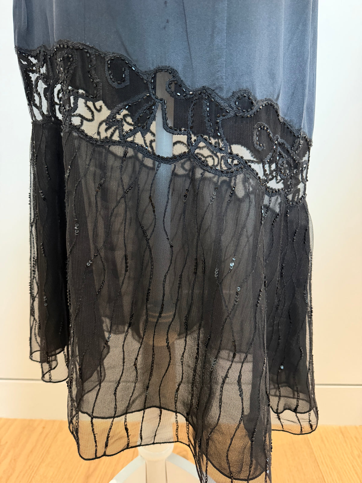 La Perla Black Silk Beaded Sheer Mesh Evening Skirt