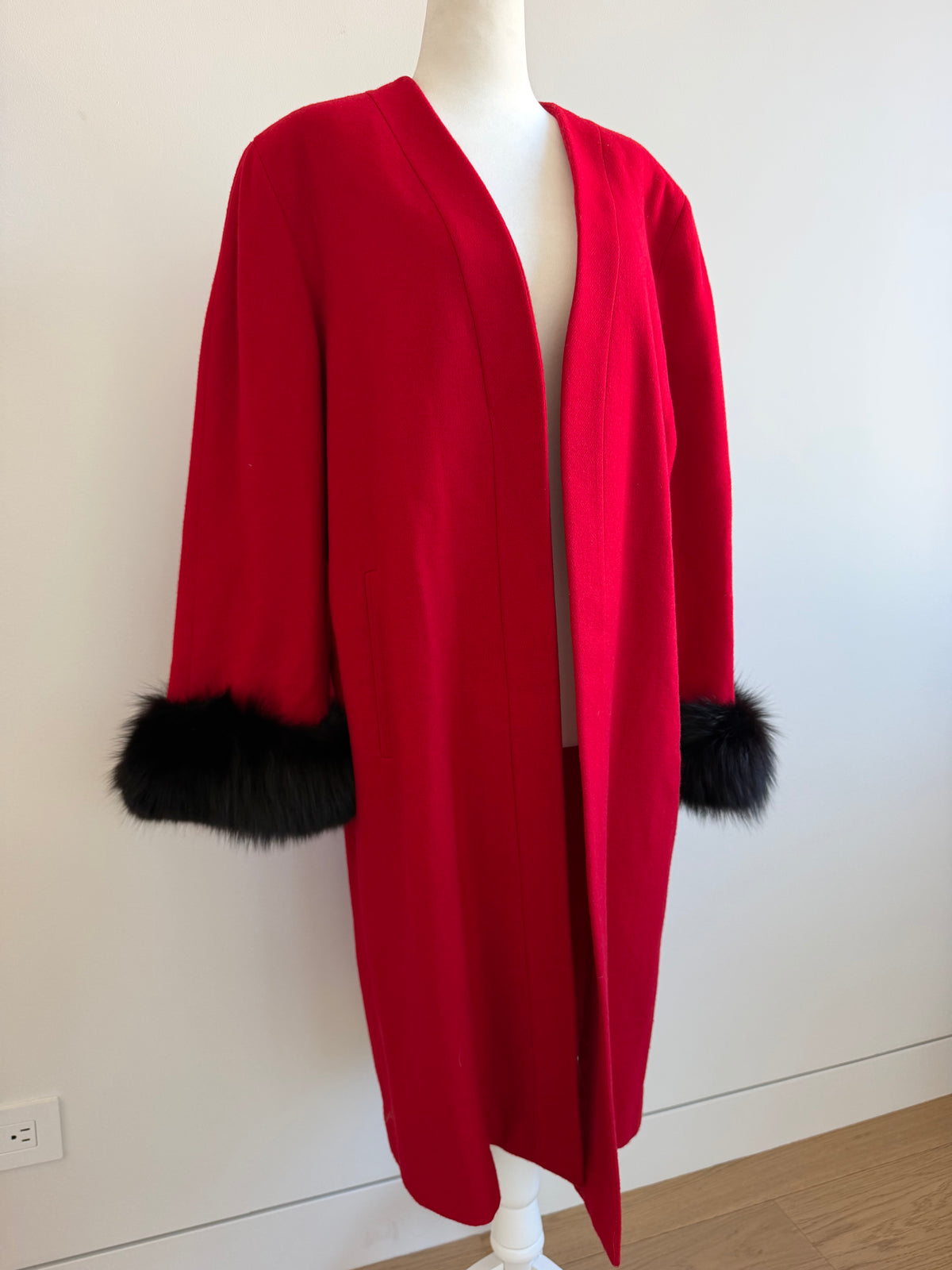 Vintage Oleg Cassini Red Wool Coat with Black Fur Cuffs