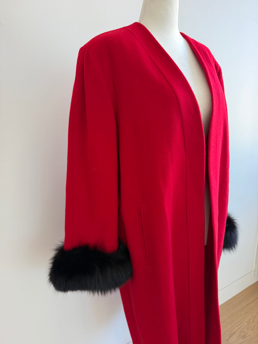 Vintage Oleg Cassini Red Wool Coat with Black Fur Cuffs