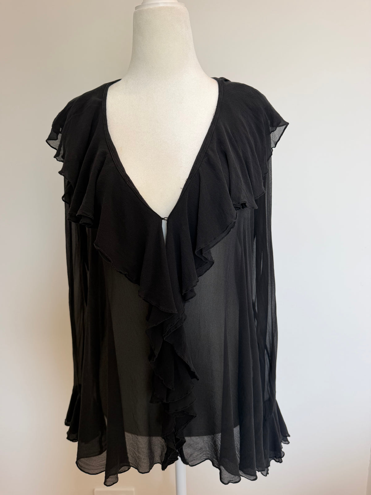 Vintage Y2K DKNY Black Silk Sheer Ruffle Blouse Top