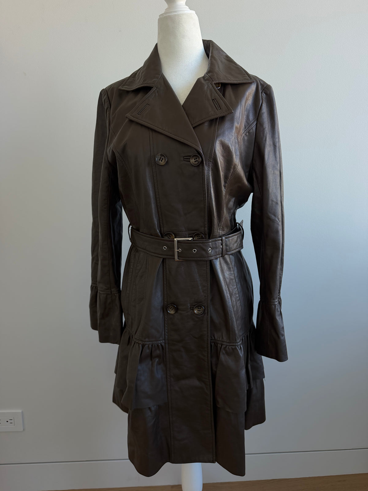 Balmain Brown Leather Ruffle Trench Coat | Y2K