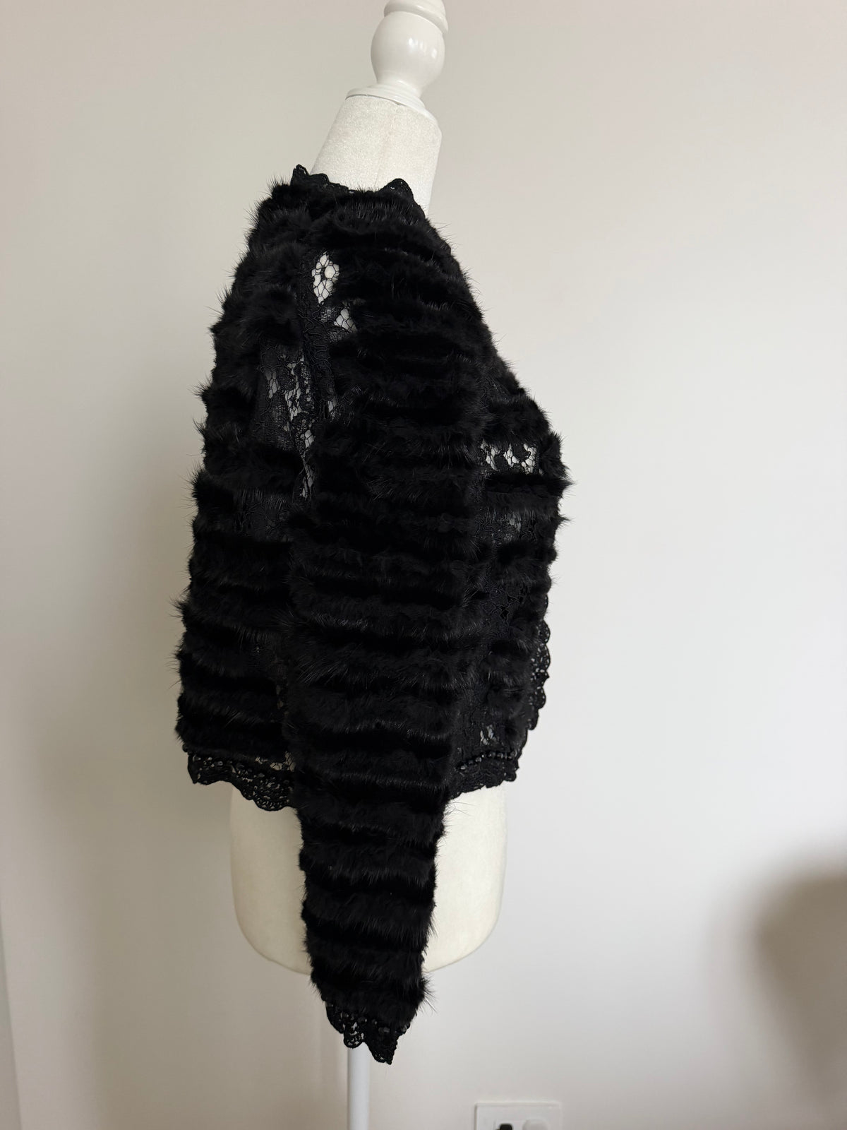 Vintage Black Mink Fur Lace Beaded Cropped Evening Jacket