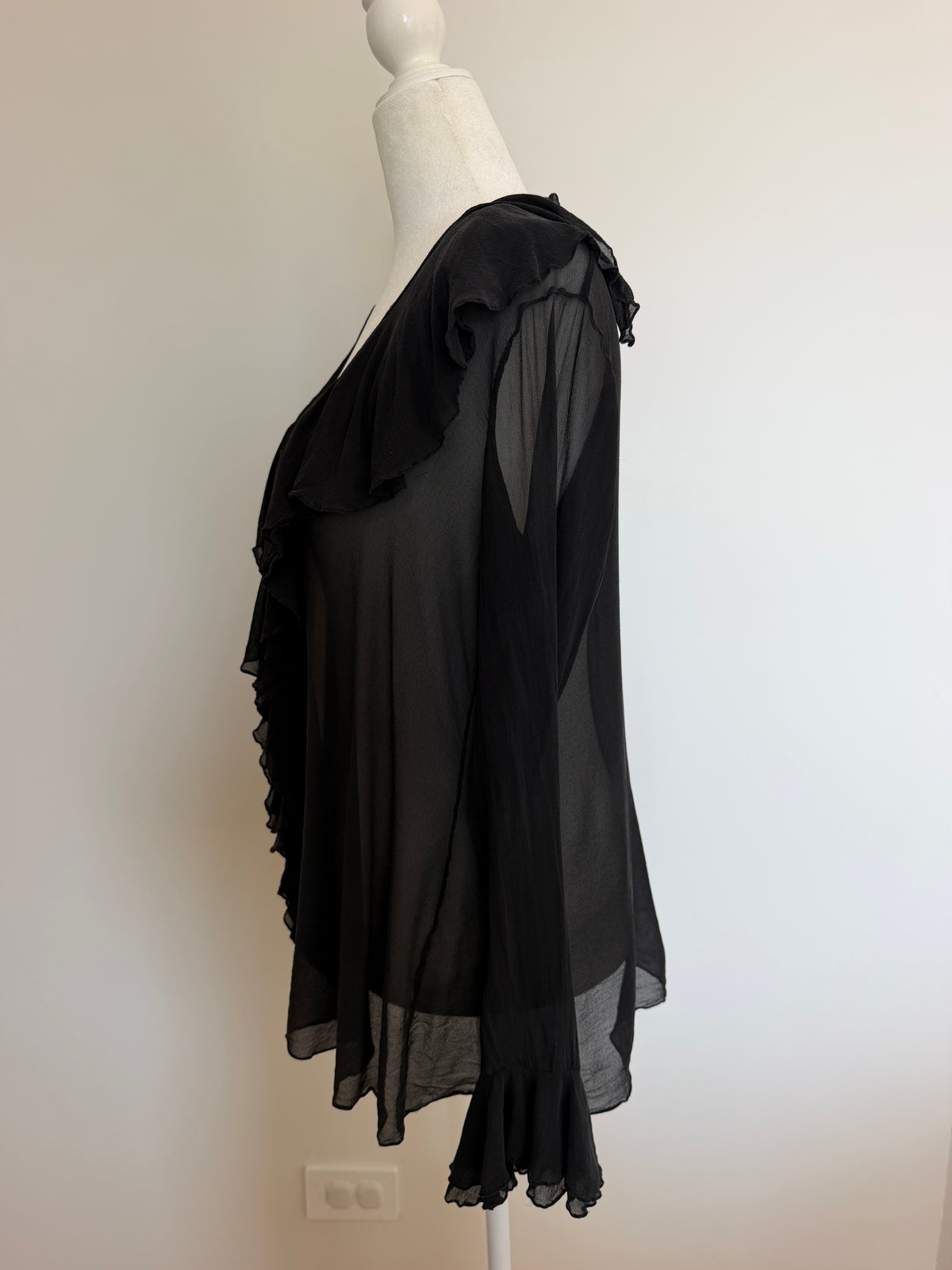 Vintage Y2K DKNY Black Silk Sheer Ruffle Blouse Top