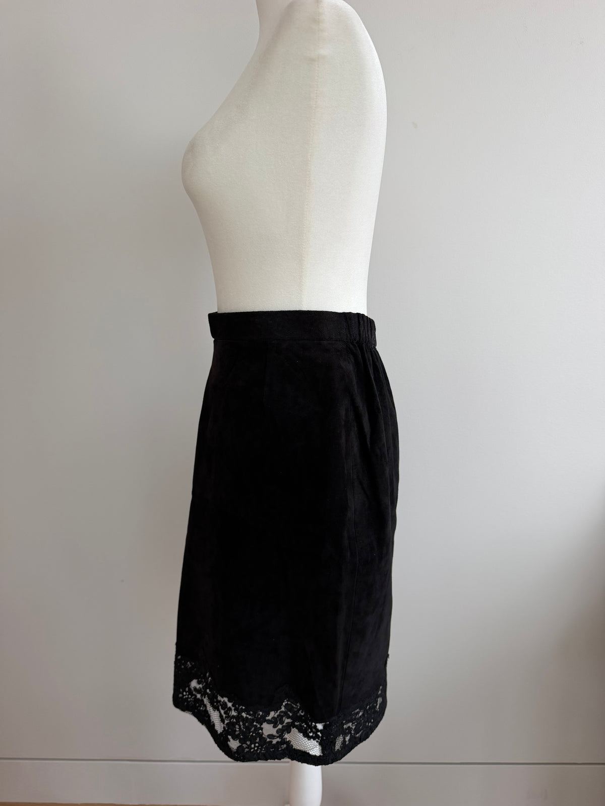Vintage Black Suede & Lace Pencil Skirt