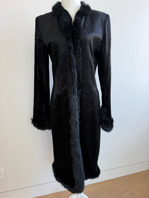 1990s Black Crushed Velvet Fur-Trimmed Long Coat