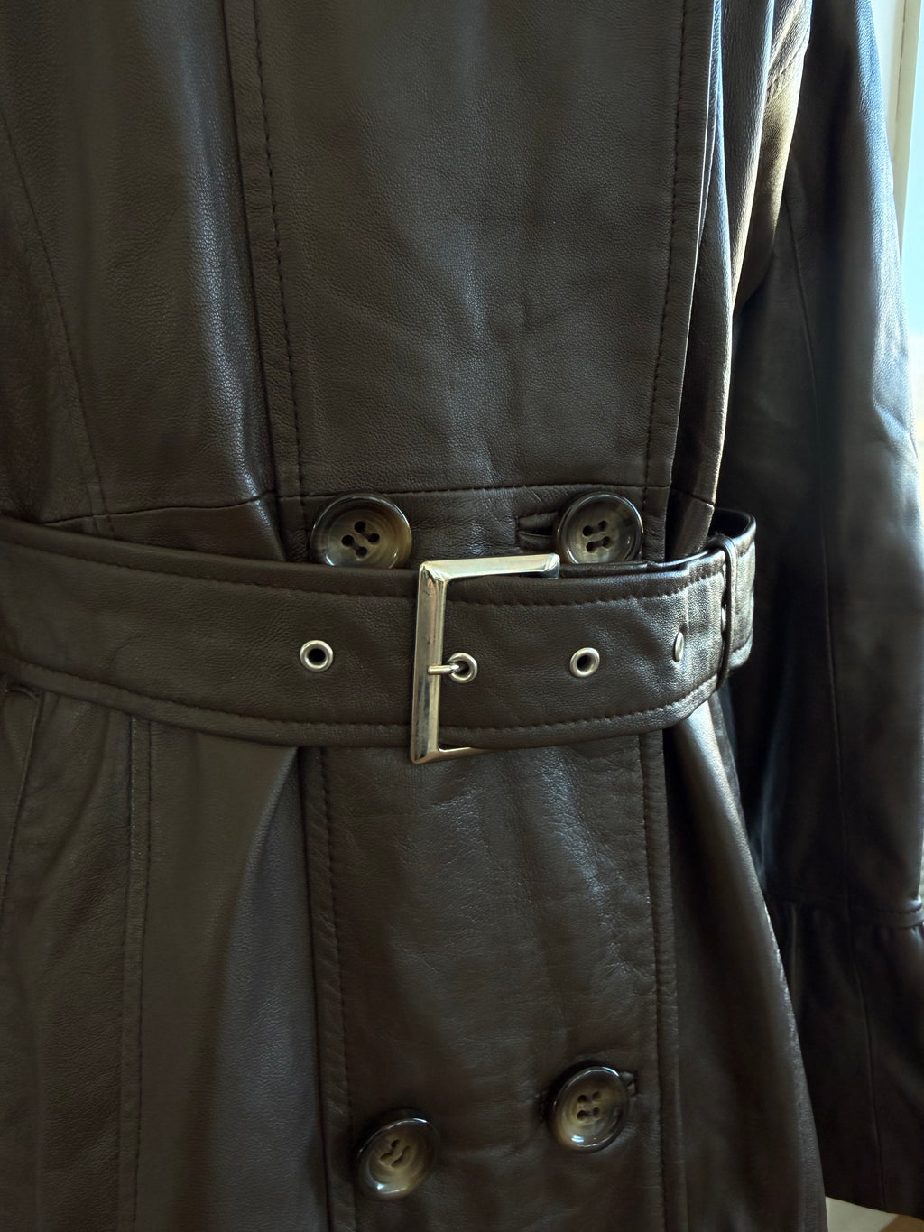 Balmain Brown Leather Ruffle Trench Coat | Y2K