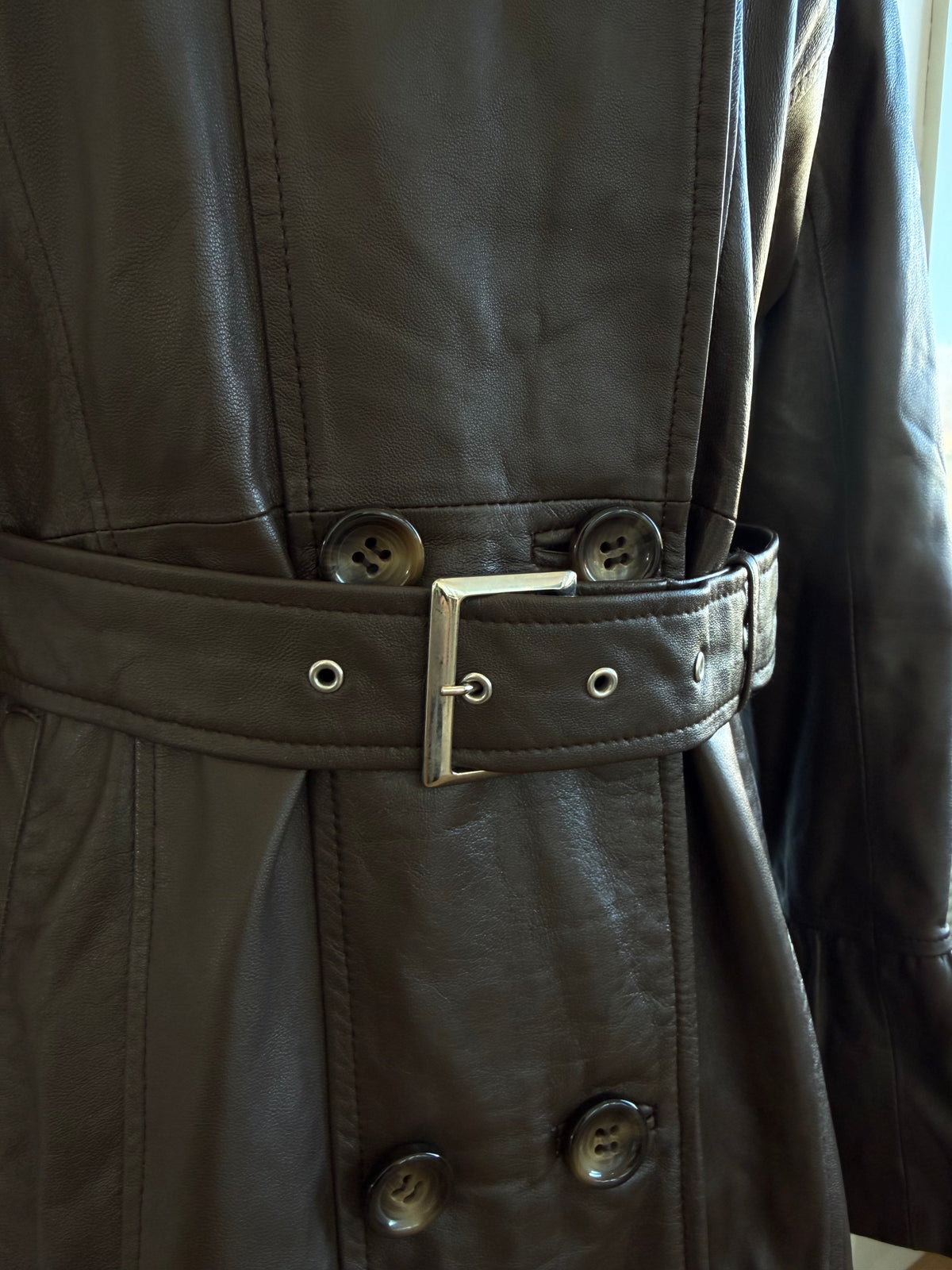 Balmain Brown Leather Ruffle Trench Coat | Y2K