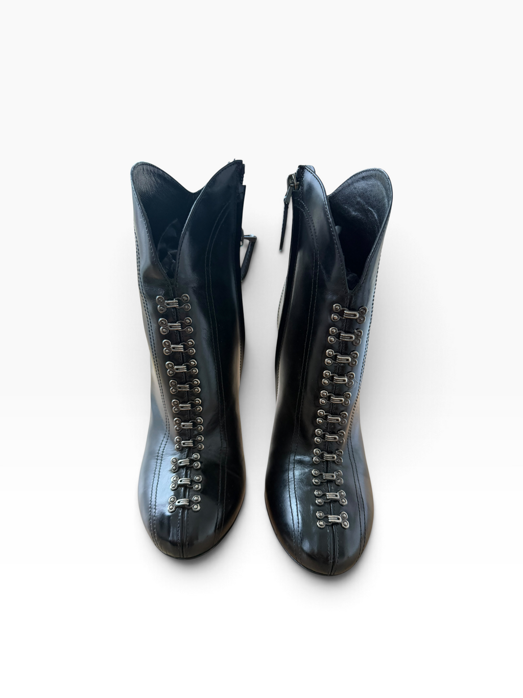 Alaïa Black Leather Hook-and-Eye Stiletto Ankle Boots — Size 37.5