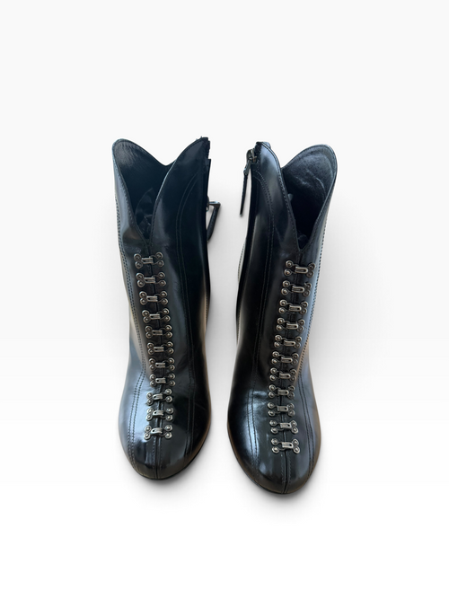 Alaïa Black Leather Hook-and-Eye Stiletto Ankle Boots — Size 37.5