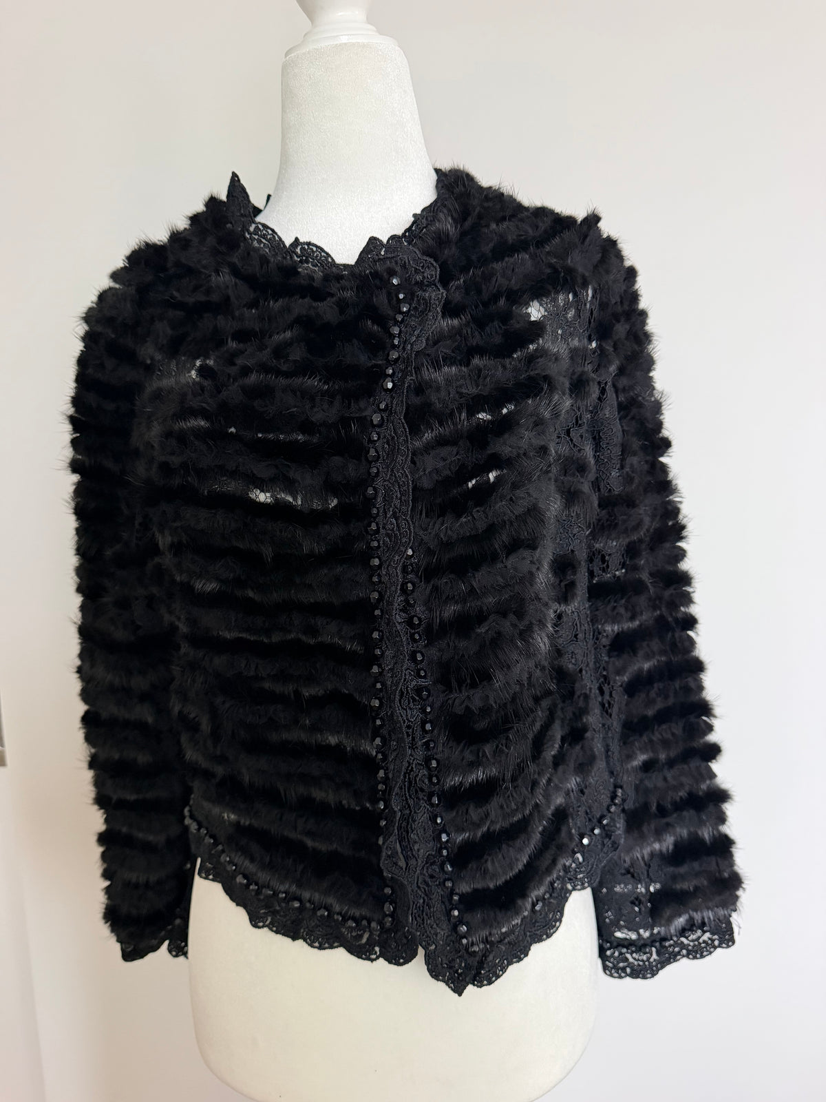 Vintage Black Mink Fur Lace Beaded Cropped Evening Jacket