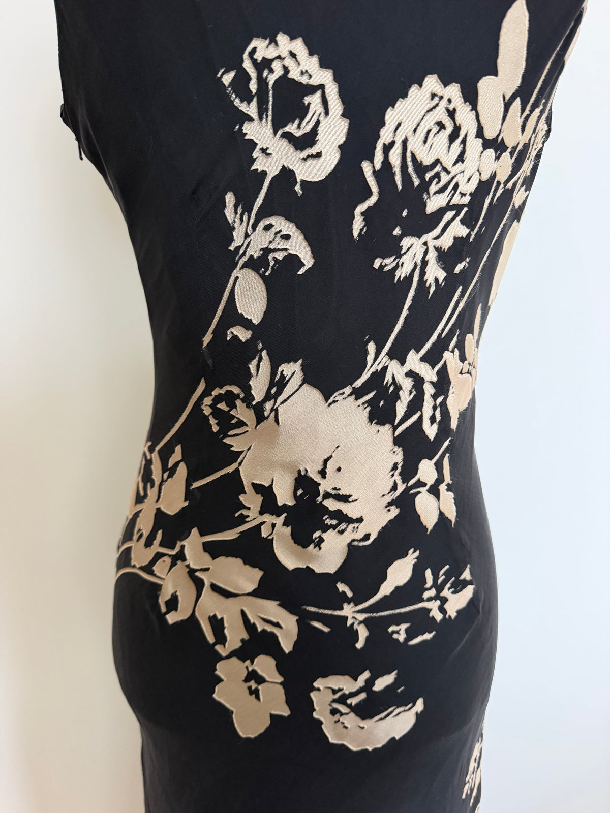 Sue Wong 100% Silk Black Floral Ruffle Midi Dress Side Zip Y2K
