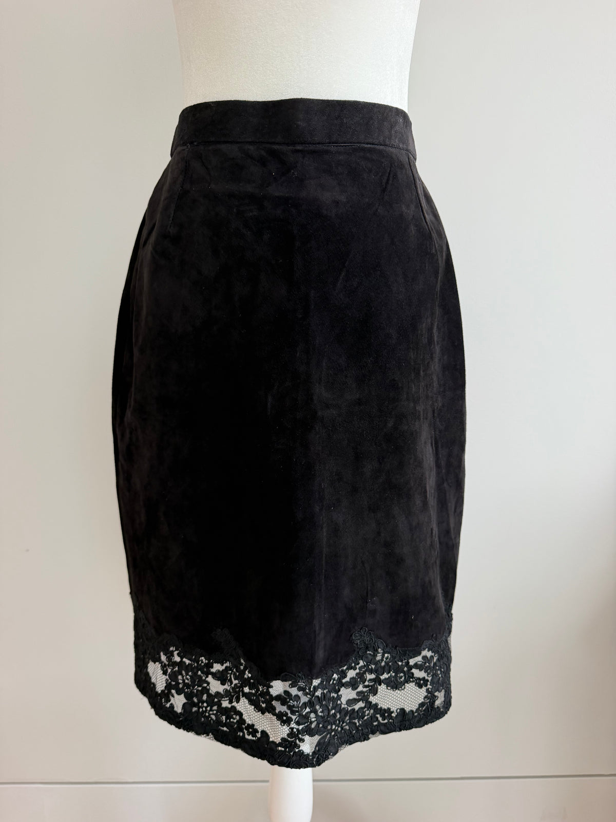 Vintage Black Suede & Lace Pencil Skirt